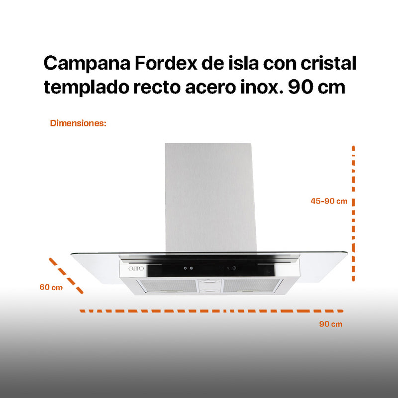 Campana extractora de isla cristal templado recto Fordex + Parrilla cristal templado 86cm Ceres + Horno de gas encendido eléctrico empotrable 60cm Motrix