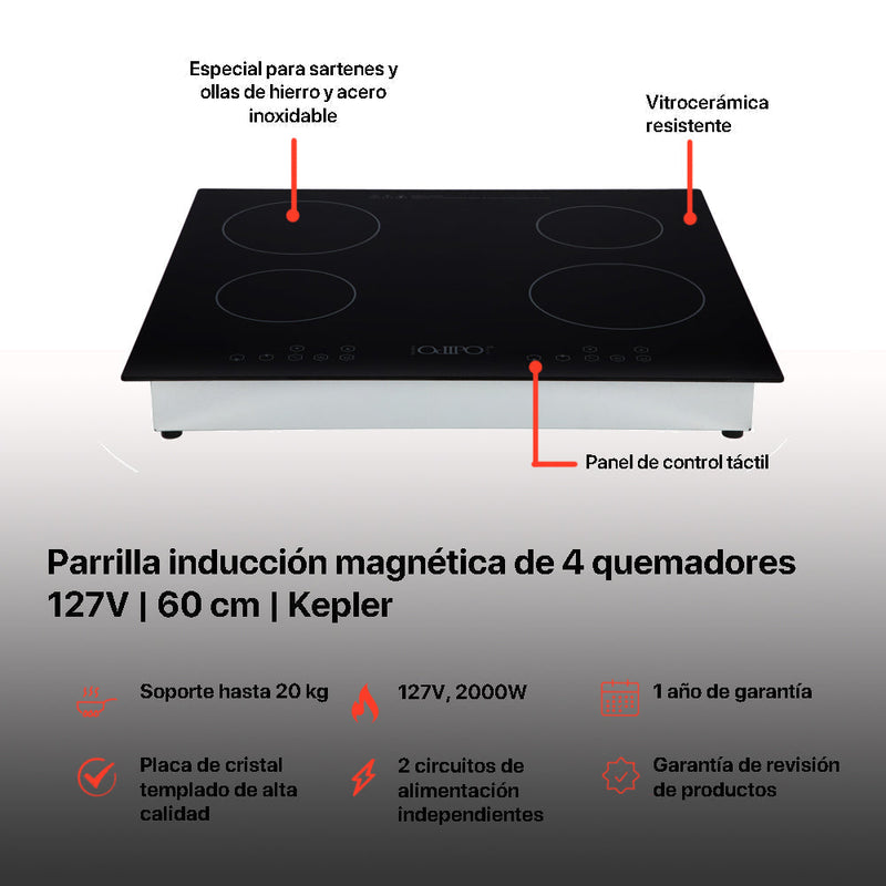 Campana extractora acero inoxidable Thory 50 + Parrilla de inducción magnética Kepler + Horno de gas encendido eléctrico empotrable 60cm Motrix