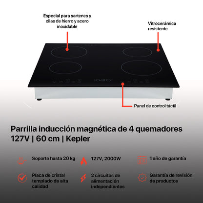 Campana de cocina de pared acero inoxidable 60cm Marex + Parrilla eléctrica de inducción 4 quemadores Kepler