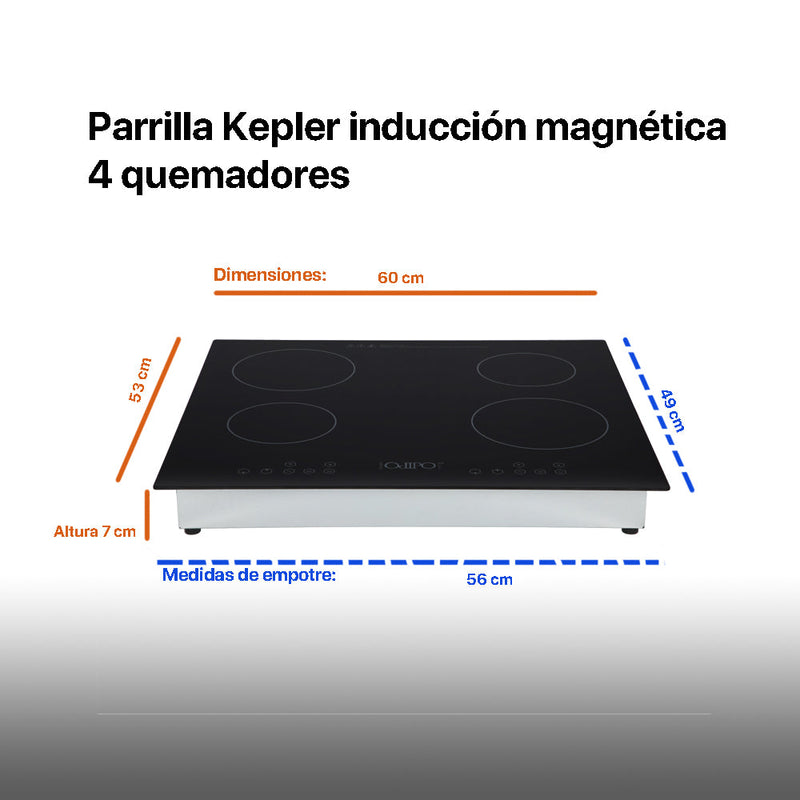 Campana extractora acero inoxidable Thory 50 + Parrilla de inducción magnética Kepler + Horno de gas encendido eléctrico empotrable 60cm Motrix