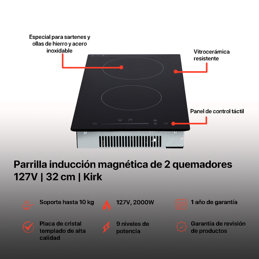 Campana de cocina de pared digital cristal curvo 60cm Marex Plus + Parrilla eléctrica de inducción 2 quemadores 30cm Kirk