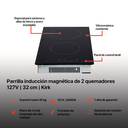 Campana de cocina acero inoxidable 50cm Thory + Parrilla eléctrica de inducción 2 quemadores 30cm Kirk