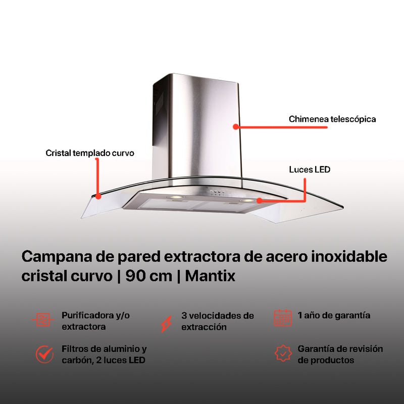 Campana extractora de acero inoxidable 90cm Matrix + Parrilla cristal templado Ceres