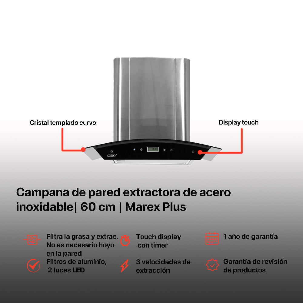 Campana de cocina de pared digital cristal curvo 60cm Marex Plus + Parrilla de gas 4 quemadores acero inoxidable 60cm Vulcano