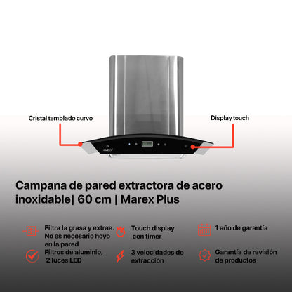 Campana de cocina de pared digital cristal curvo 60cm Marex Plus + Parrilla de gas 4 quemadores acero inoxidable 60cm Vulcano
