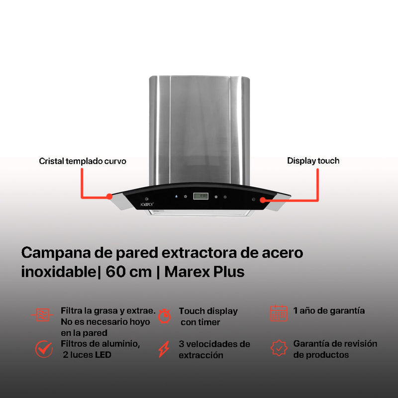 Campana extractora acero inoxidable 60cm Marex Plus + Parrilla inducción magnética Kepler + Horno de gas encendido eléctrico empotrable 60cm Motrix