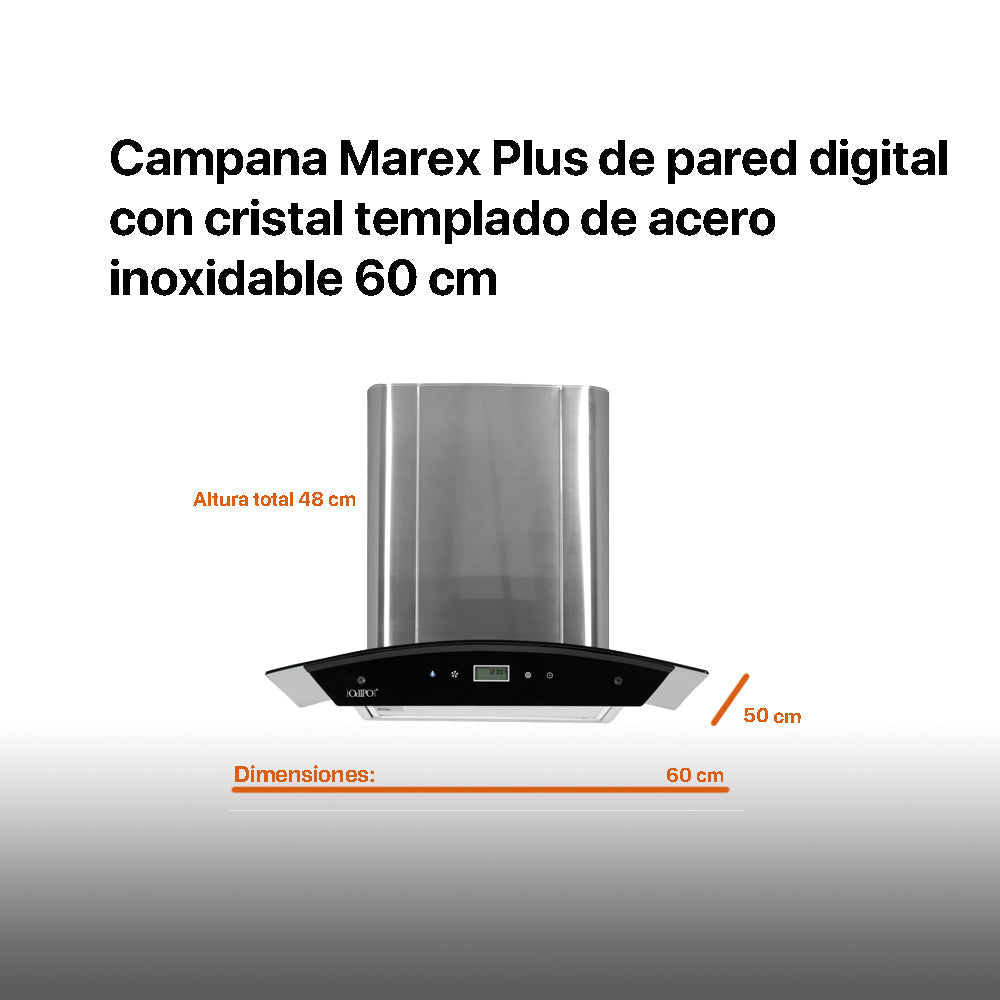 Campana de cocina de pared digital cristal curvo 60cm Marex Plus + Parrilla de gas 4 quemadores acero inoxidable 60cm Vulcano
