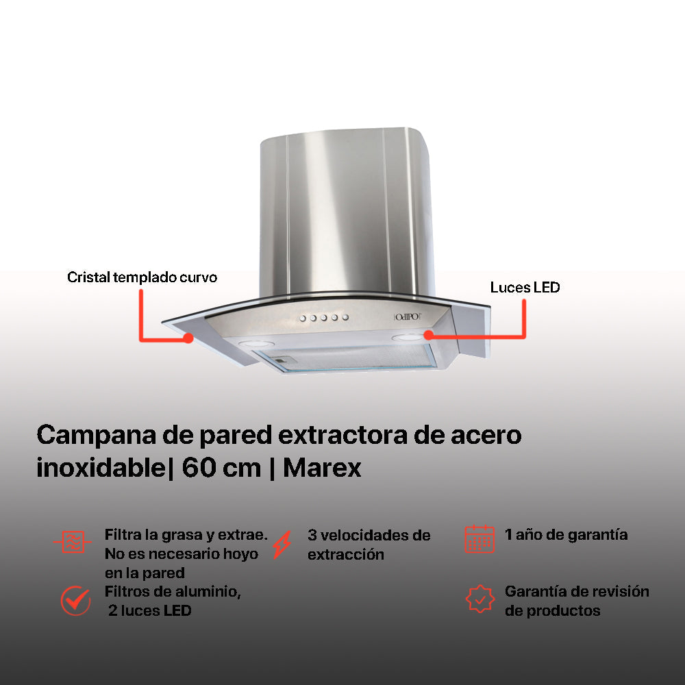 Campana de cocina de pared cristal curvo 60cm Marex + Parrilla de gas 2 quemadores cristal 32cm Cetus
