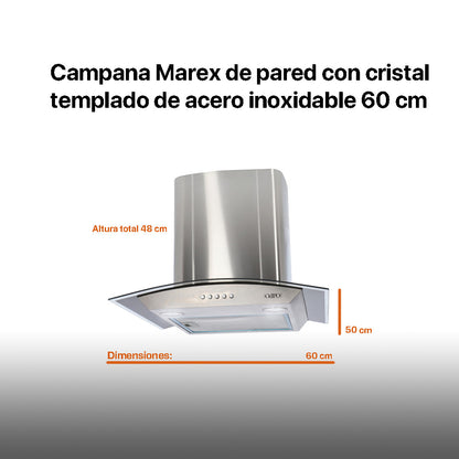 Campana de cocina de pared cristal curvo 60cm Marex + Parrilla de gas 4 quemadores cristal 60cm Clio
