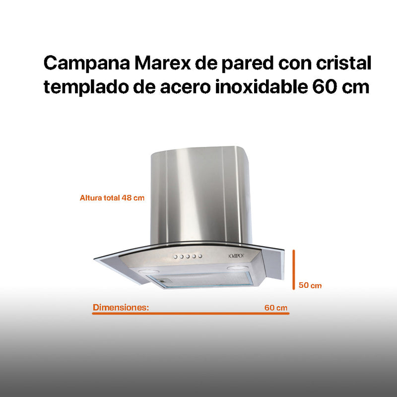 Campana extractora acero inoxidable 60cm Marex + Parrilla cristal templado 60cm Clio
