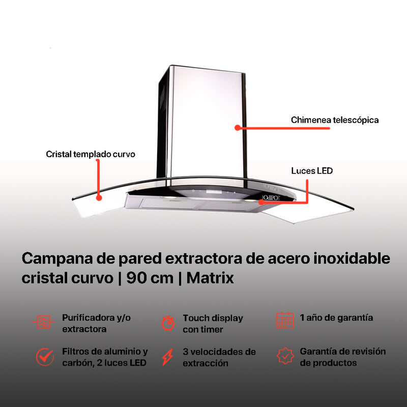 Campana extractora digital de acero inoxidable 90cm Matrix + Parrilla acero inoxidable 60cm Vulcano + Horno de gas encendido eléctrico empotrable 60cm Motrix