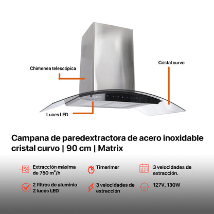 Campana de cocina de pared digital cristal curvo 85cm Matrix