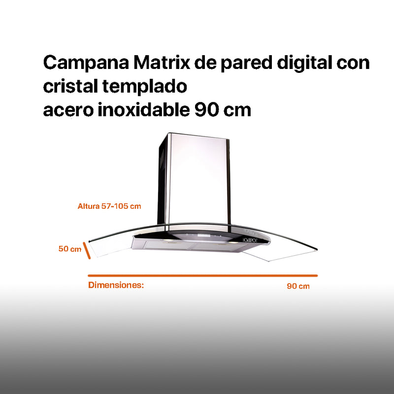 Campana extractora digital de acero inoxidable 90cm Matrix + Parrilla acero inoxidable 60cm Vulcano + Horno de gas encendido eléctrico empotrable 60cm Motrix