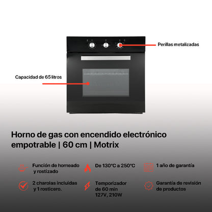 Campana de cocina de pared cristal curvo 60cm Marex + Parrilla de gas 4 quemadores cristal 60cm Clio + Horno de gas empotrable encendido electrico 65L 60cm Motrix