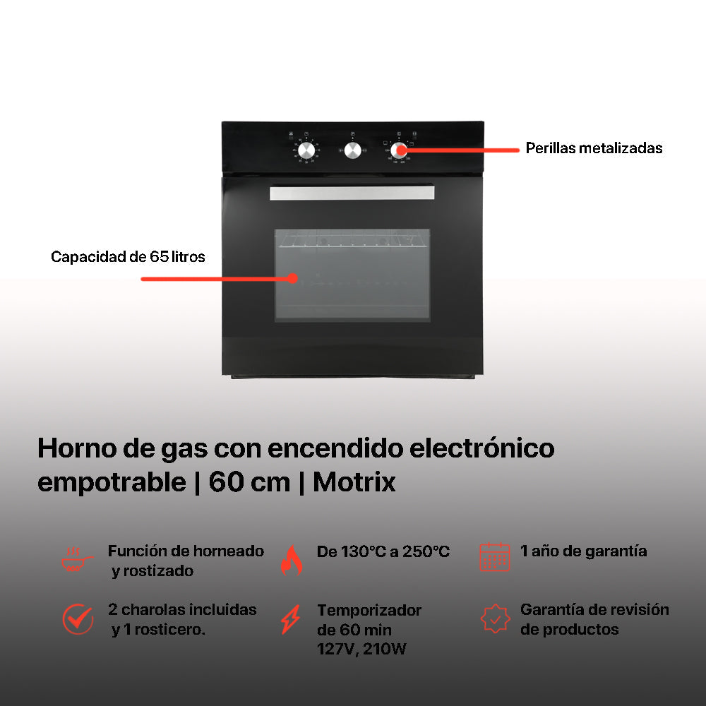 Campana de cocina de pared digital cristal curvo 60cm Marex Plus + Parrilla de gas 4 quemadores acero inoxidable 60cm Vulcano + Horno de gas empotrable encendido electrico 65L 60cm Motrix