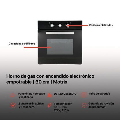 Campana de cocina de isla digital cristal curvo 90cm Ventex + Parrilla de gas 5 quemadores cristal 76cm Capella + Horno de gas empotrable encendido electrico 65L 60cm Motrix