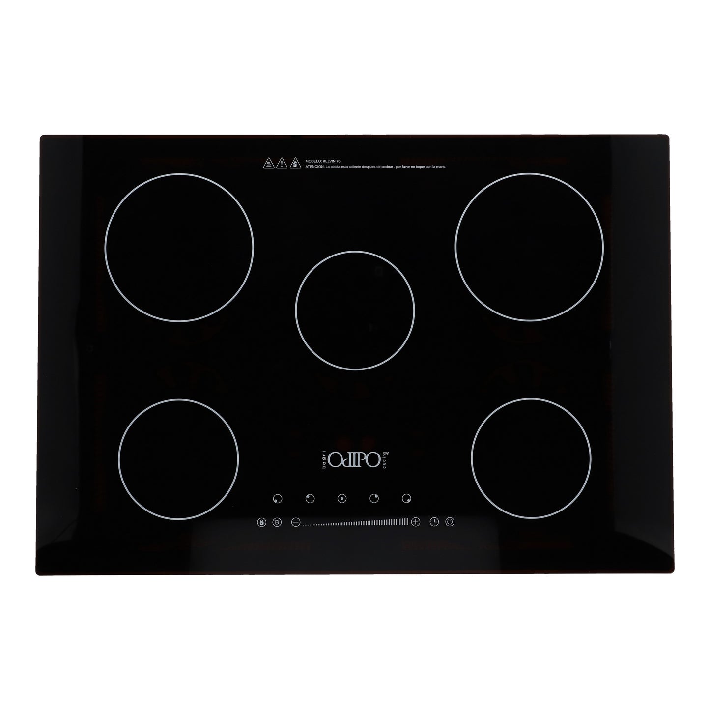 Campana de cocina de pared de acero inoxidable 80cm Thory + Parrilla eléctrica de inducción 5 quemadores 75cm Kelvin + Horno eléctrico empotrable de acero 127V E-MOTRIX