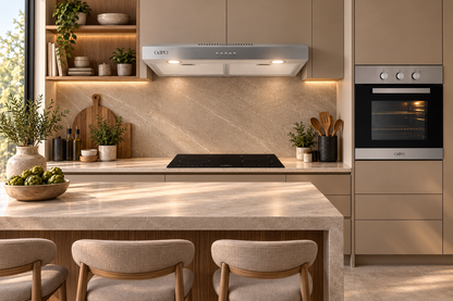 Campana de cocina acero inoxidable 50cm Thory + Parrilla eléctrica de inducción 2 quemadores 30cm Kirk + Horno eléctrico empotrable 60L 127V e-Motrix acero
