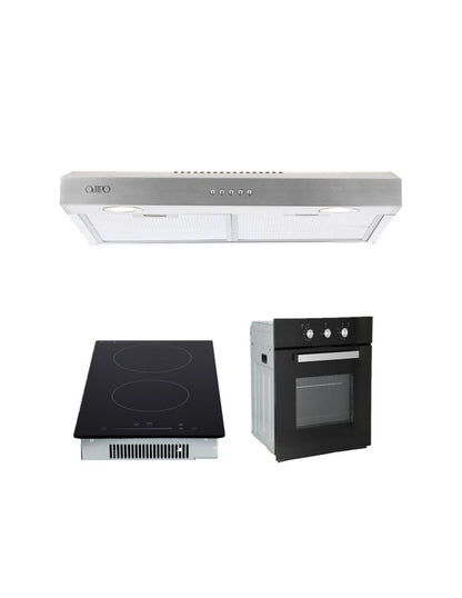 Campana extractora acero inoxidable Thory 50 + Parrilla de inducción magnética Kirk + Horno eléctrico empotrable de cristal 127V E-MOTRIX