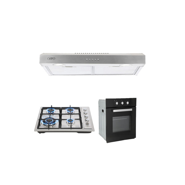 Campana extractora acero inoxidable Thory 75 + Parrilla acero inoxidable 60cm Vulcano + Horno de gas encendido eléctrico empotrable 60cm Motrix