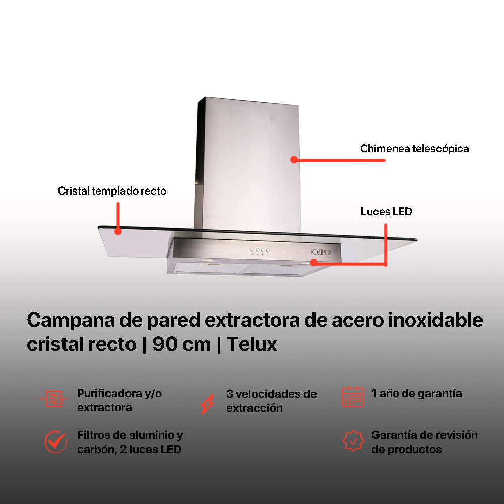 Campana de cocina de pared cristal recto 90cm Telux