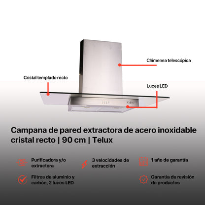 Campana de cocina de pared cristal recto 90cm Telux + Parrilla de gas 5 quemadores cristal 86cm Ceres