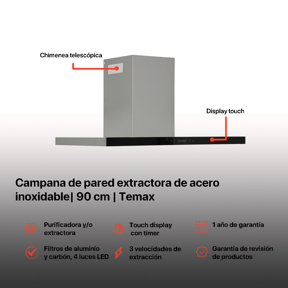 Campana de cocina de pared digital tipo T 90cm Temax + Parrilla de gas 4 quemadores acero inoxidable 60cm Vulcano