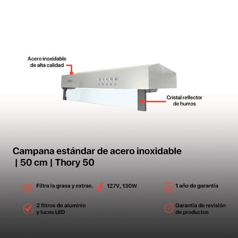 Campana extractora acero inoxidable Thory 50 + Parrilla de inducción magnética Kepler + Horno de gas encendido eléctrico empotrable 60cm Motrix