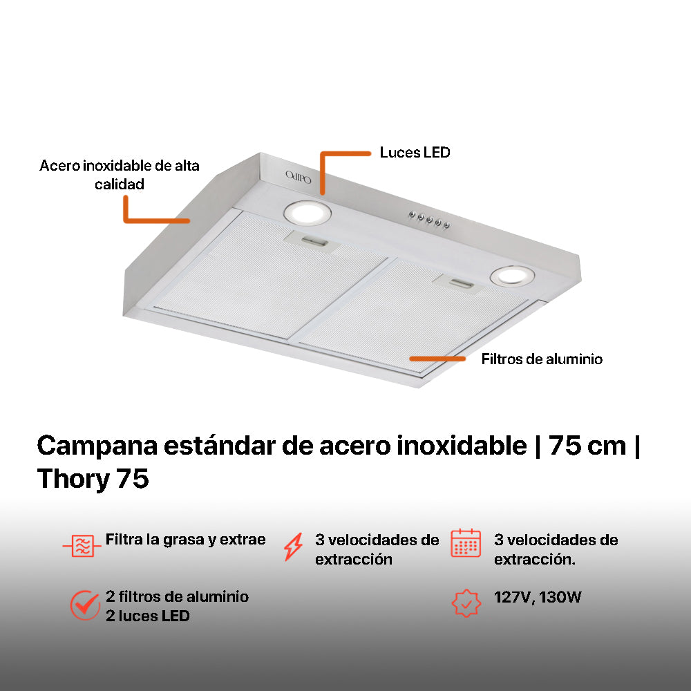 Campana de cocina acero inoxidable 75cm Thory + Parrilla de gas 4 quemadores cristal 60cm Clio