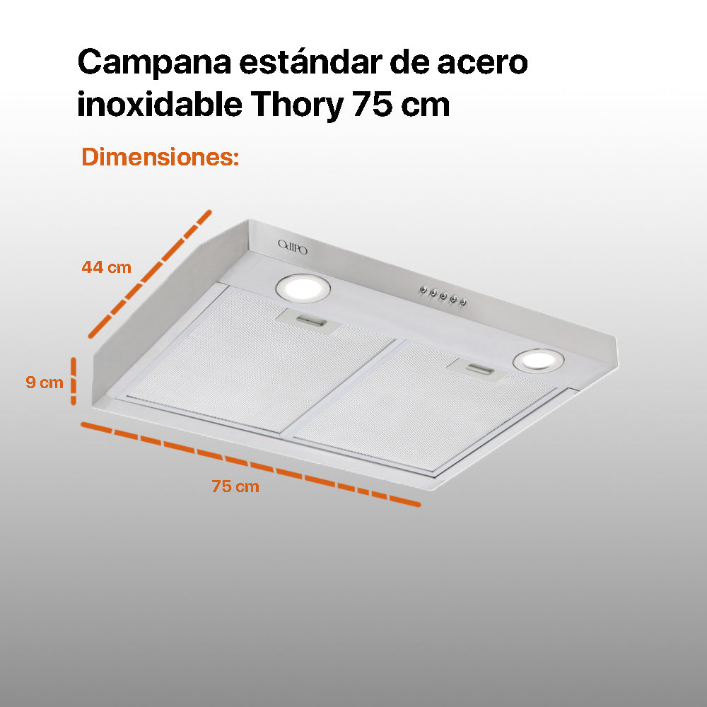 Campana de cocina acero inoxidable 75cm Thory + Parrilla de gas 4 quemadores cristal 60cm Clio