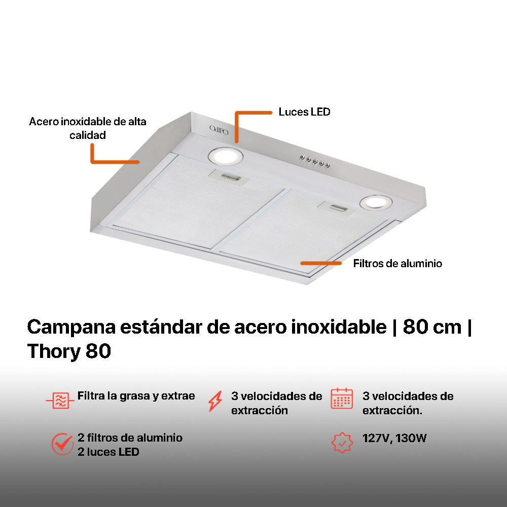 Campana de cocina acero inoxidable 80cm Thory + Parrilla de gas 4 quemadores acero inoxidable 60cm Vulcano