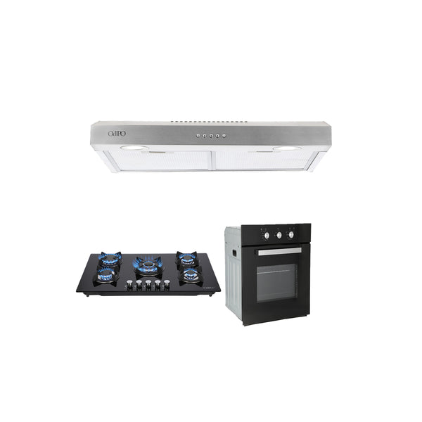 Campana extractora acero inoxidable Thory 80 + Parrilla cristal templado 86cm Ceres + Horno de gas encendido eléctrico empotrable 60cm Motrix