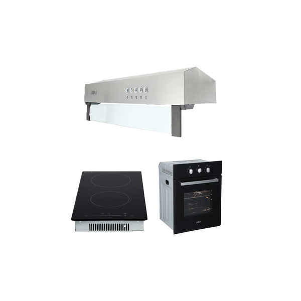 Campana extractora acero inoxidable Thory 50 + Parrilla de inducción magnética Kirk + Horno eléctrico empotrable de cristal 127V E-MOTRIX