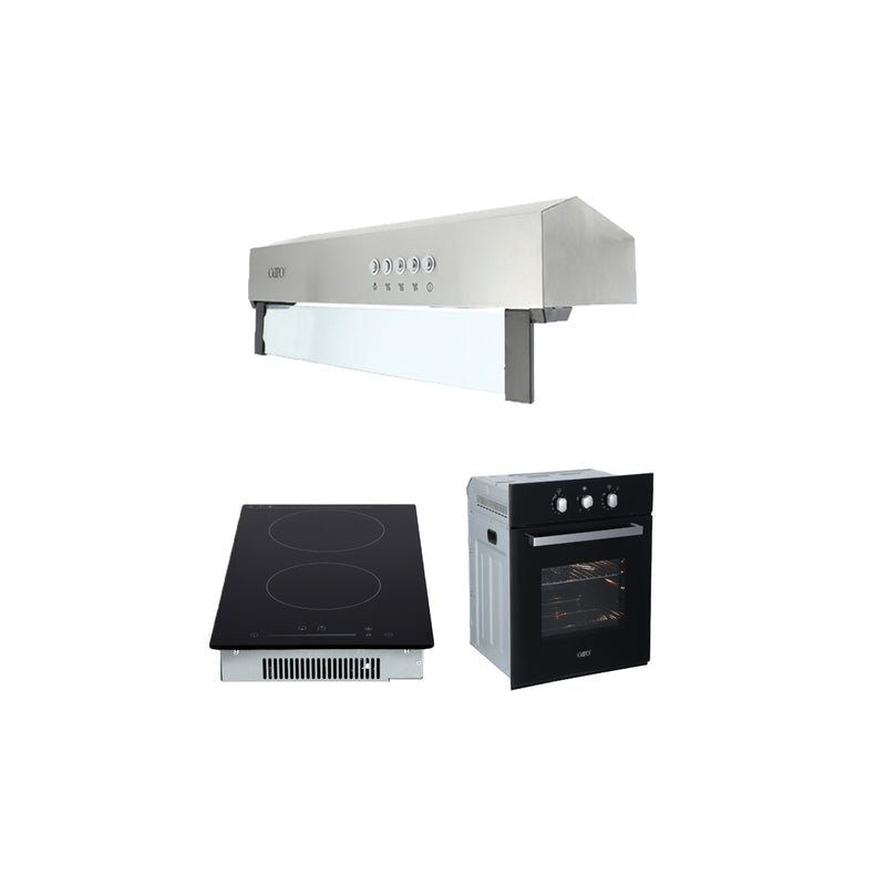 Campana extractora acero inoxidable Thory 50 + Parrilla de inducción magnética Kirk + Horno eléctrico empotrable de cristal 127V E-MOTRIX