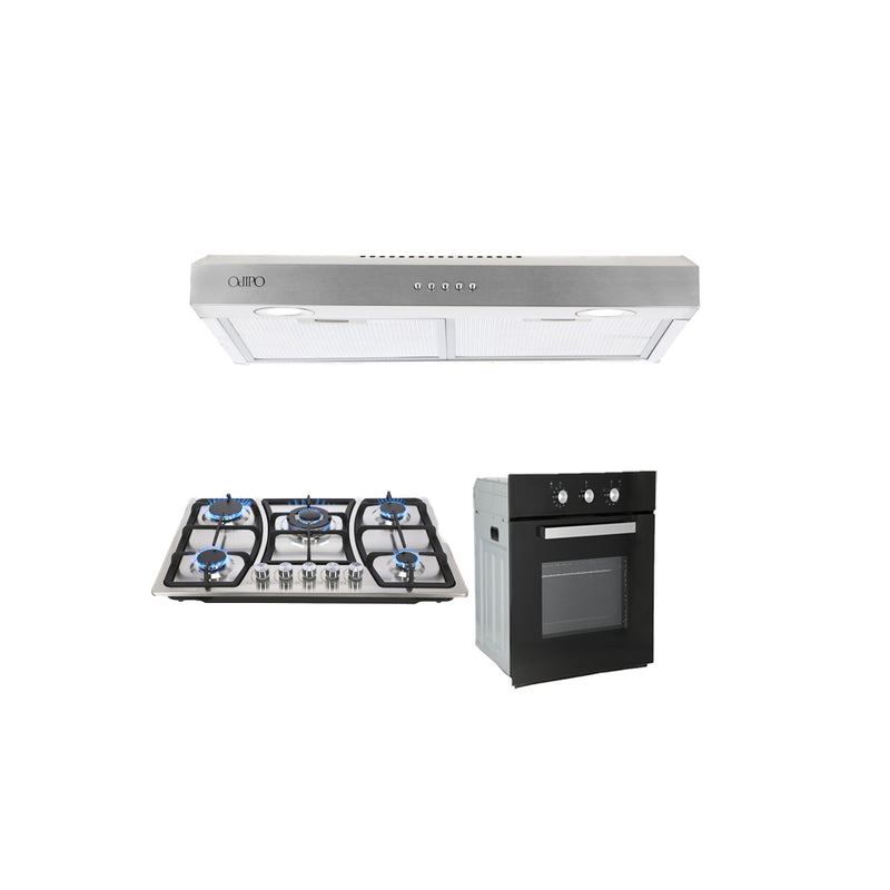 Campana extractora acero inoxidable Thory 80 + Parrilla acero inoxidable 76cm Vignus + Horno de gas encendido eléctrico empotrable 60cm Motrix