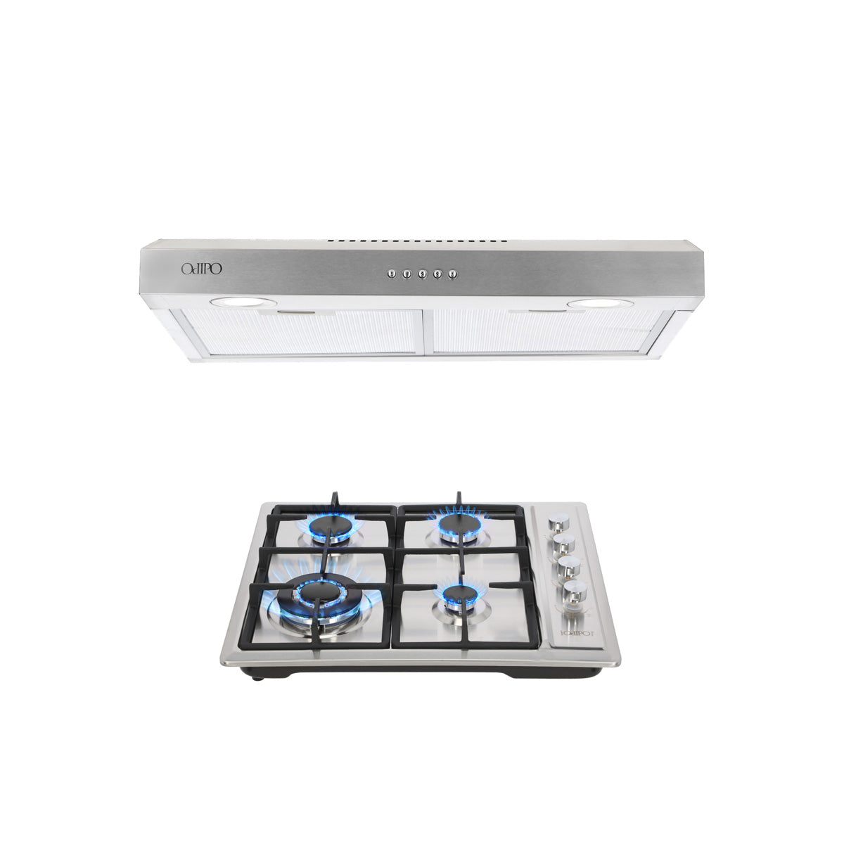 Campana de cocina acero inoxidable 60cm Thory + Parrilla de gas 4 quemadores acero inoxidable 60cm Vulcano