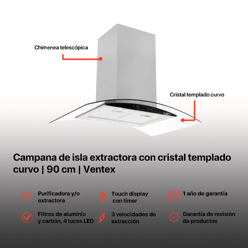 Campana de cocina de isla digital cristal curvo 90cm Ventex + Parrilla electrica de inducción 5 quemadores 75 cmKelvin