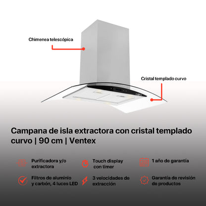 Campana de cocina de isla digital cristal curvo 90cm Ventex + Parrilla electrica de inducción 5 quemadores 75 cmKelvin