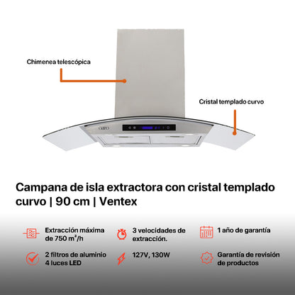 Campana de cocina de isla digital cristal curvo 90cm Ventex + Parrilla de gas 5 quemadores acero inoxidable 76cm Vignus