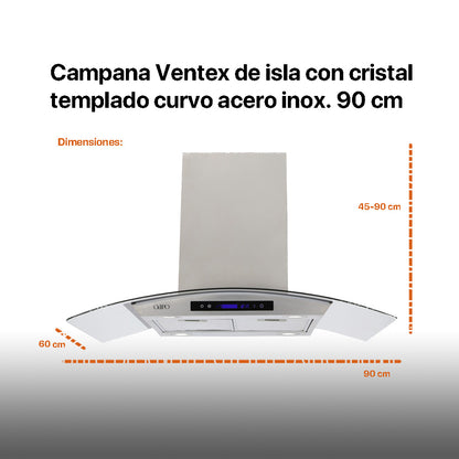 Campana de cocina de isla digital cristal curvo 90cm Ventex + Parrilla de gas 5 quemadores acero inoxidable 76cm Vignus