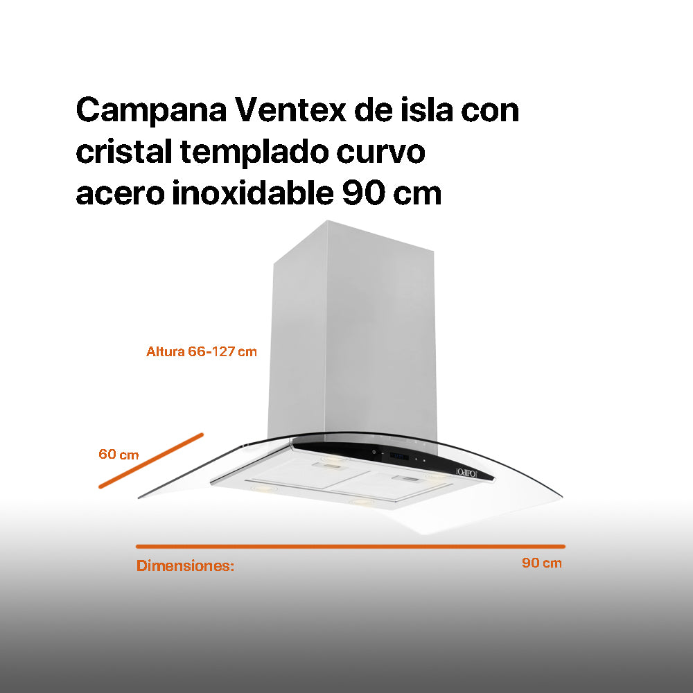 Campana de cocina de isla digital cristal curvo 90cm Ventex + Parrilla electrica de inducción 5 quemadores 75 cmKelvin