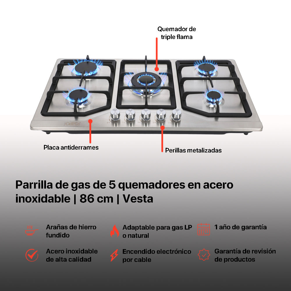Campana de cocina de isla digital cristal recto 90cm Fordex + Parrilla de gas 5 quemadores acero inoxidable 86cm Vesta