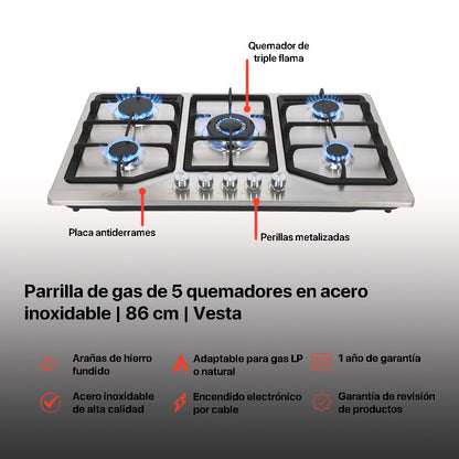 Campana de cocina de isla digital cristal curvo 90cm Ventex + Parrilla de gas 5 quemadores acero inoxidable 86cm Vesta