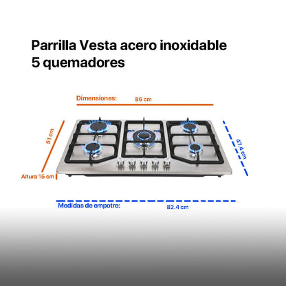 Campana de cocina de isla digital cristal curvo 90cm Ventex + Parrilla de gas 5 quemadores acero inoxidable 86cm Vesta