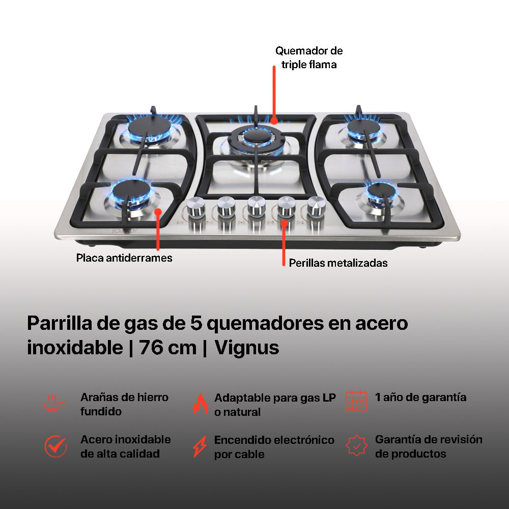 Campana de cocina de isla digital cristal curvo 90cm Ventex + Parrilla de gas 5 quemadores acero inoxidable 76cm Vignus