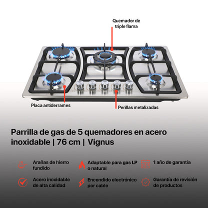 Campana de cocina de isla digital cristal curvo 90cm Ventex + Parrilla de gas 5 quemadores acero inoxidable 76cm Vignus