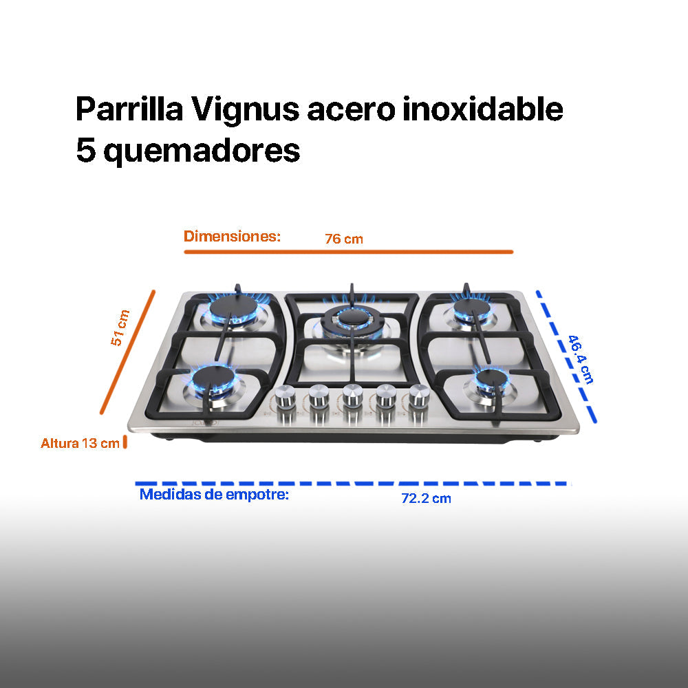 Campana de cocina de isla digital cristal curvo 90cm Ventex + Parrilla de gas 5 quemadores acero inoxidable 76cm Vignus
