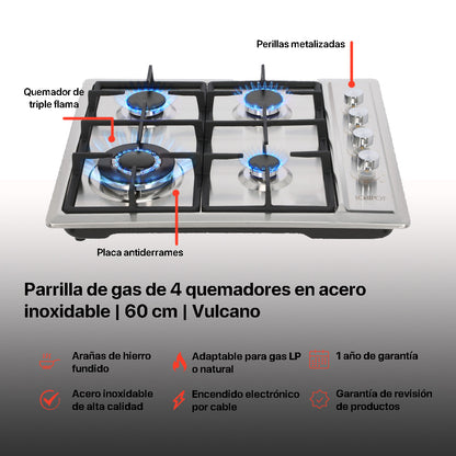 Campana de cocina de pared digital cristal curvo 60cm Marex Plus + Parrilla de gas 4 quemadores acero inoxidable 60cm Vulcano