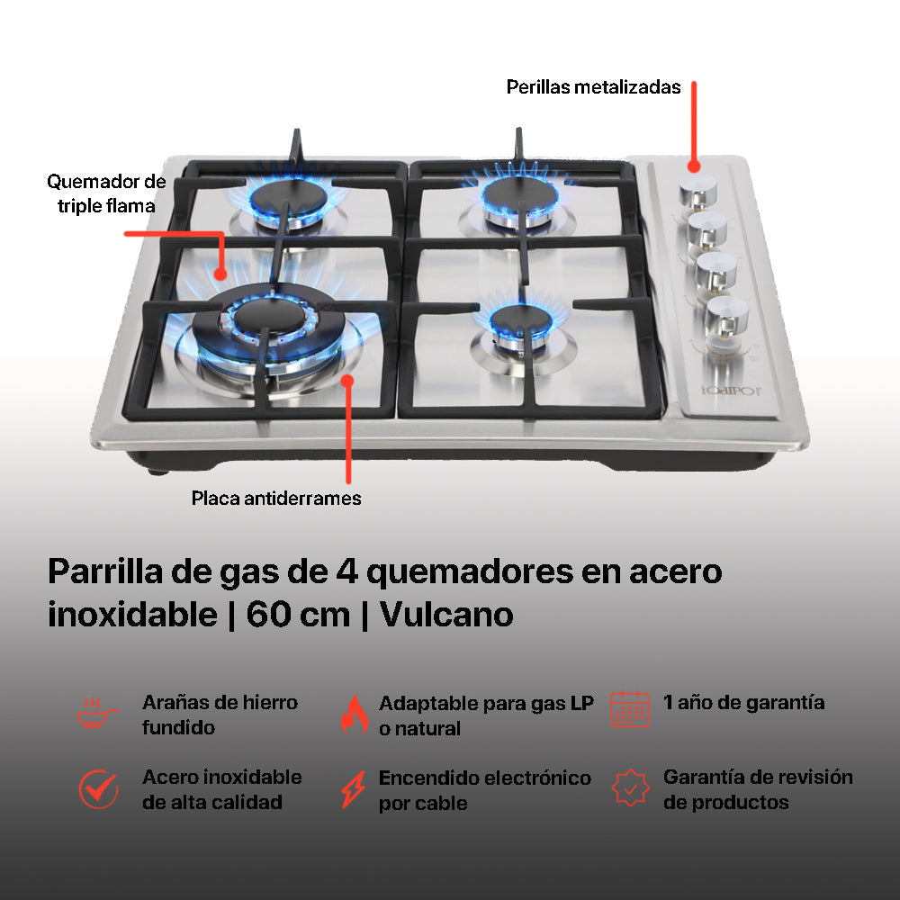 Campana de cocina de pared cristal curvo 60cm Marex + Parrilla de gas 4 quemadores acero inoxidable 60cm Vulcano