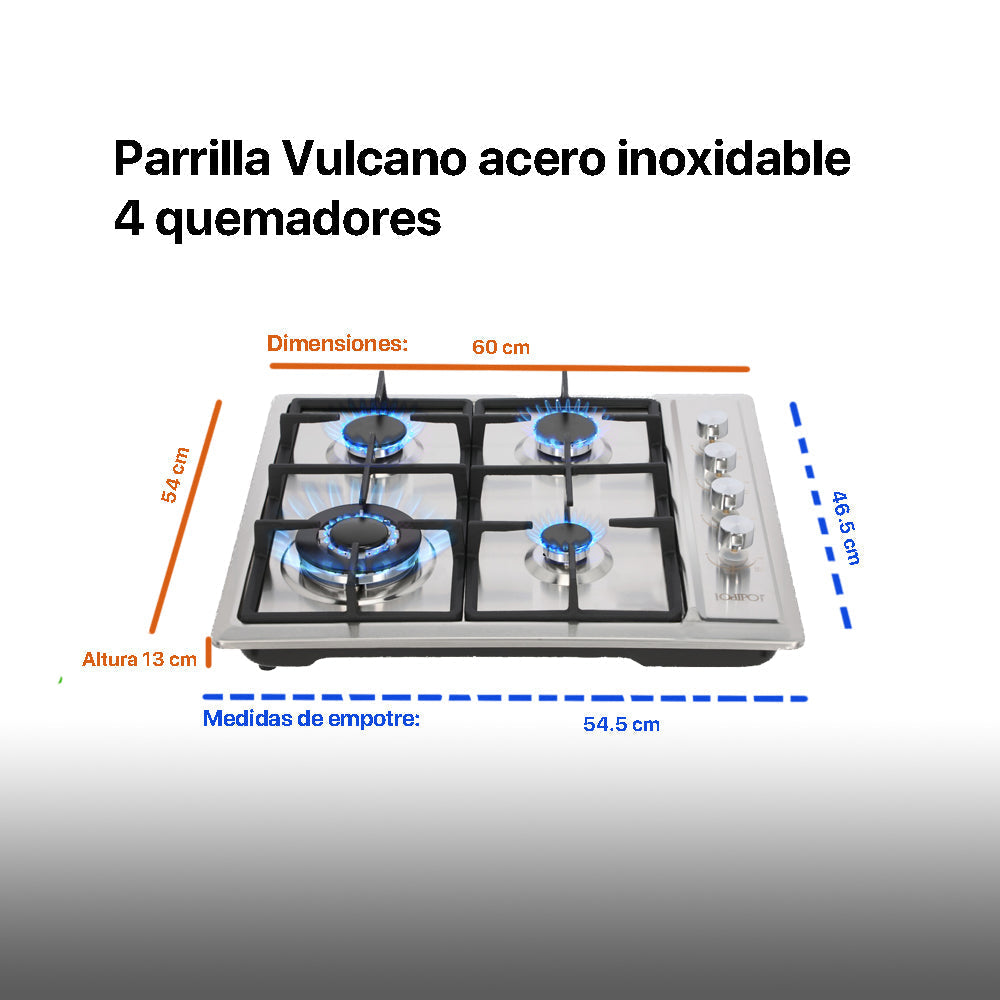 Campana de cocina acero inoxidable 60cm Thory + Parrilla de gas 4 quemadores acero inoxidable 60cm Vulcano